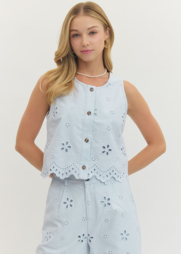Dainty Pleasures Light Blue Eyelet Embroidered Sleeveless Crop Top entro spring