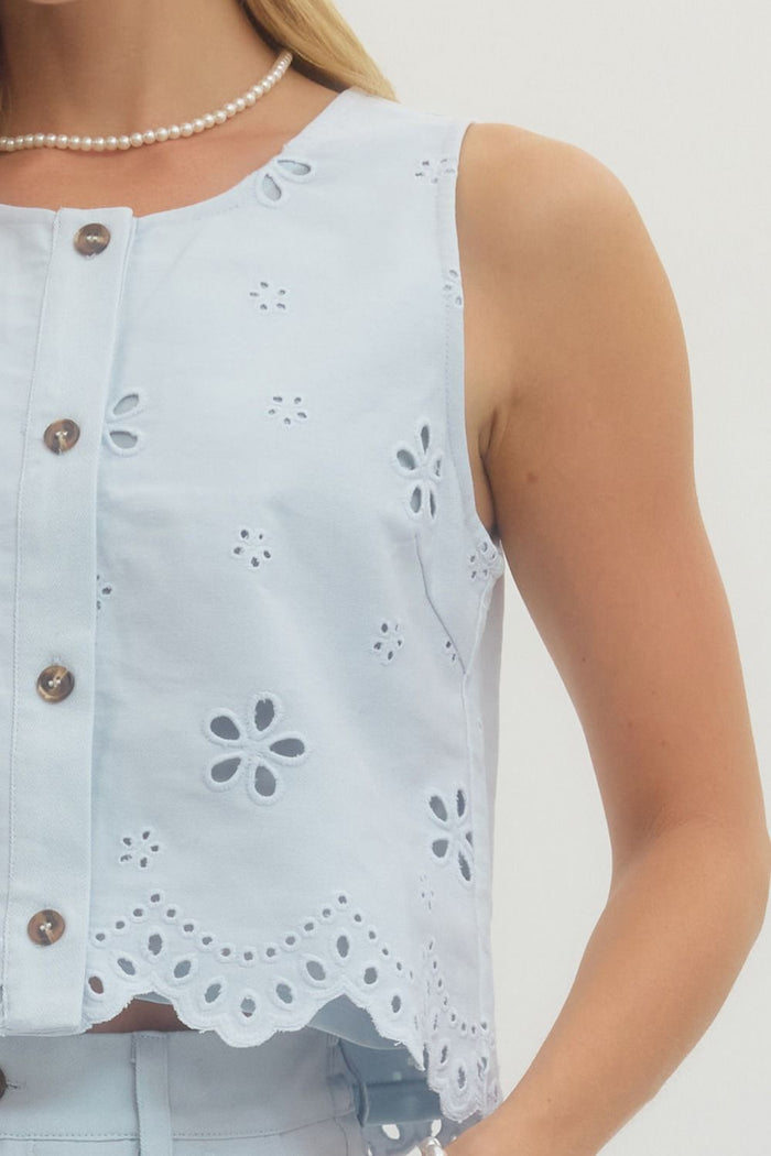 Dainty Pleasures Light Blue Eyelet Embroidered Sleeveless Crop Top