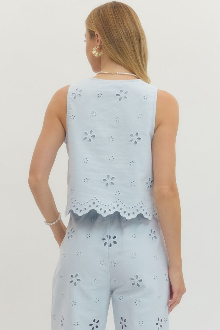 Dainty Pleasures Light Blue Eyelet Embroidered Sleeveless Crop Top