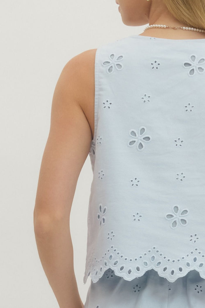 Dainty Pleasures Light Blue Eyelet Embroidered Sleeveless Crop Top