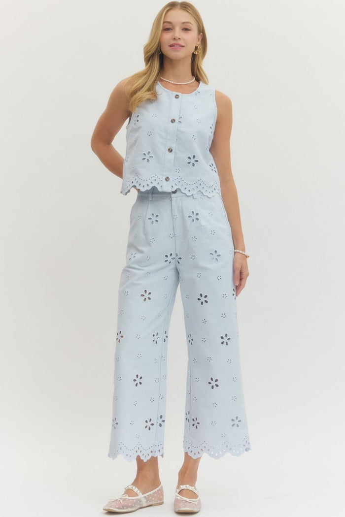Dainty Pleasures Light Blue Eyelet Embroidered Sleeveless Crop Top