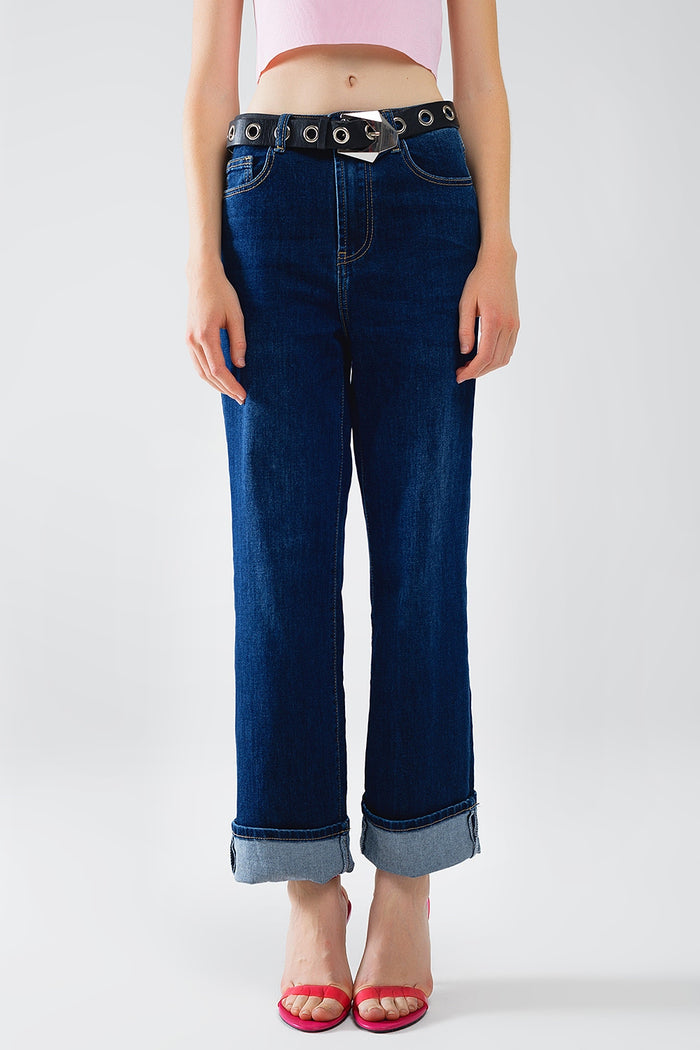 Dark Blue denim Straight Jeans With Folded Hem - Denim