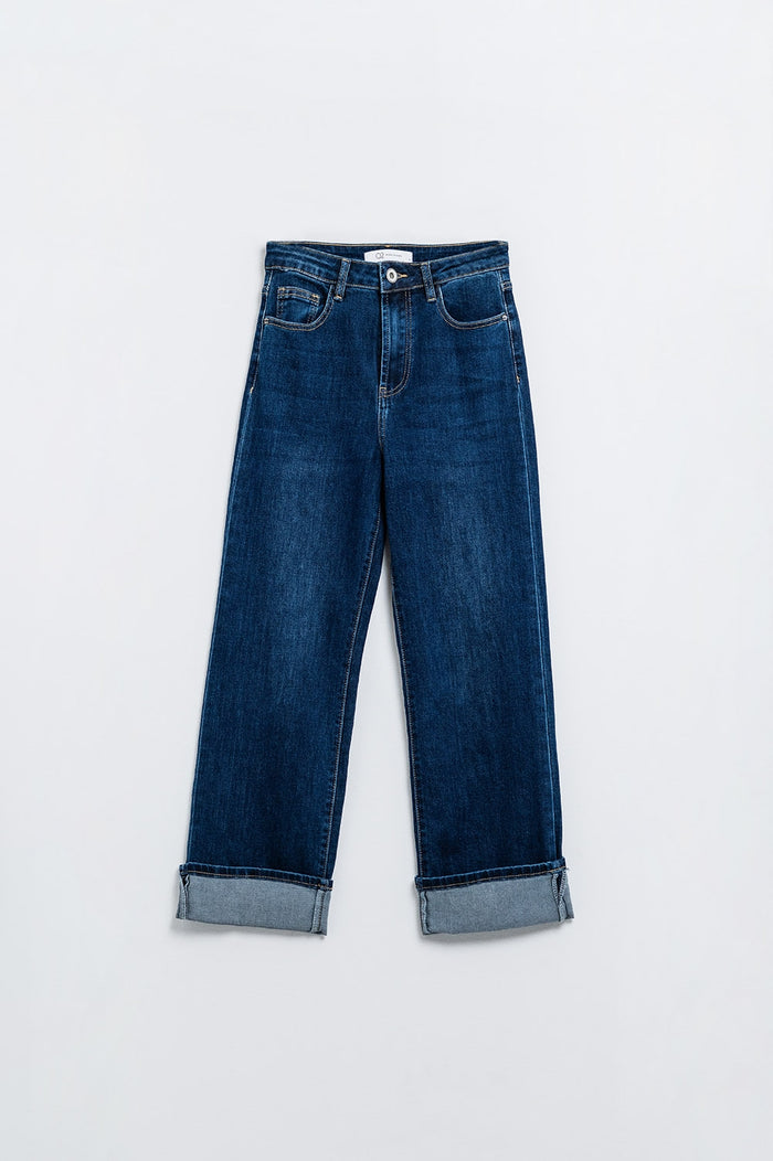 Dark Blue denim Straight Jeans With Folded Hem - Denim