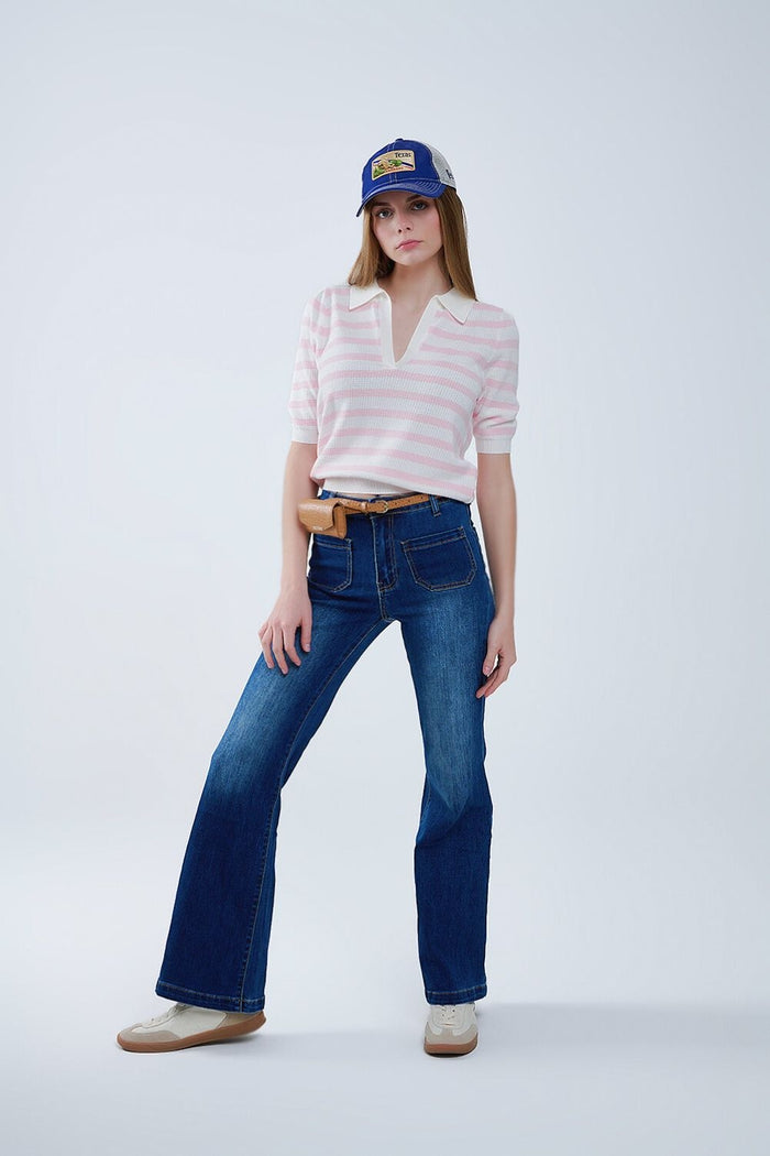 Dark Blue Flared Jeans with Front Pockets - Denim