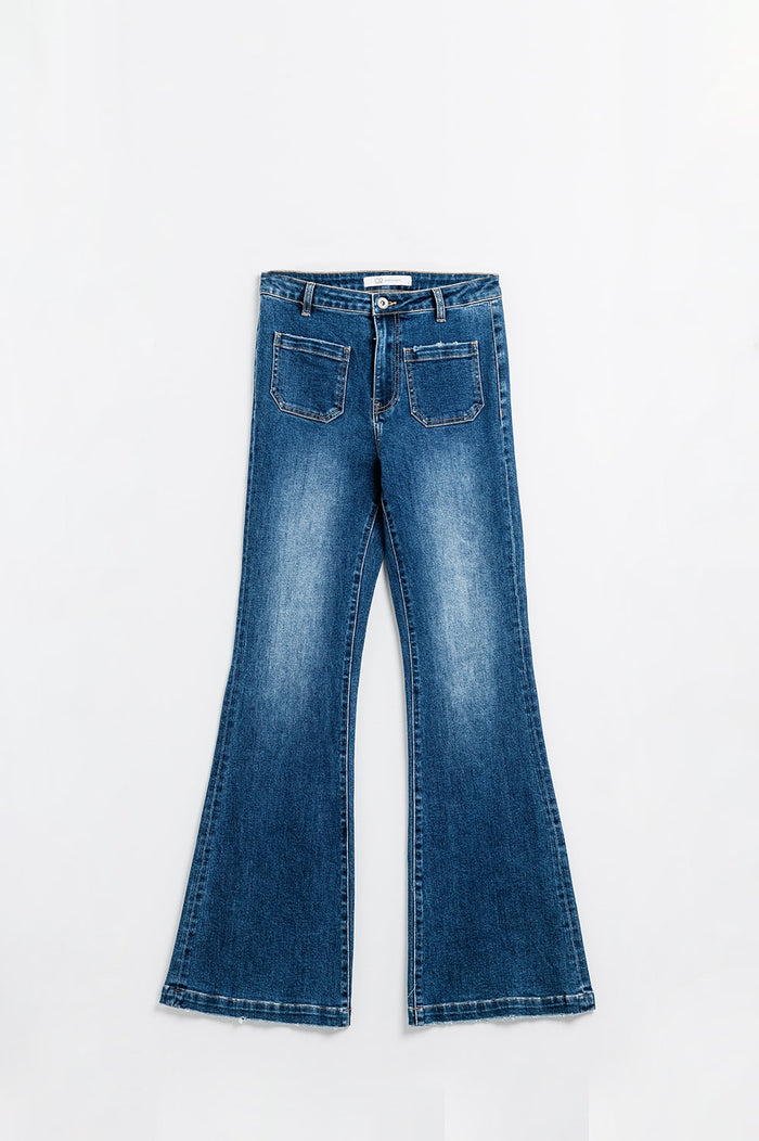 Dark Blue Flared Jeans with Front Pockets - Denim