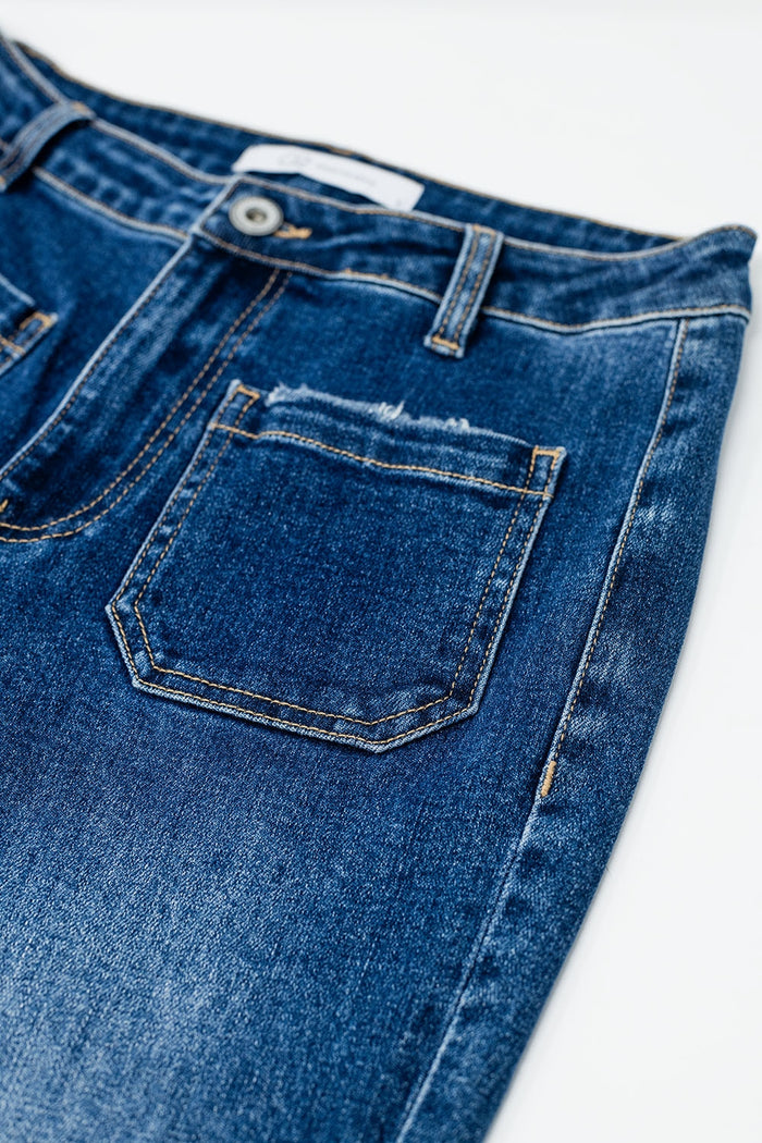 Dark Blue Flared Jeans with Front Pockets - Denim