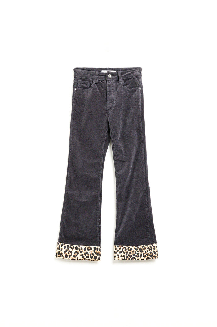 Dark grey Corduroy flare pants with leopard print at the bottom - trousers