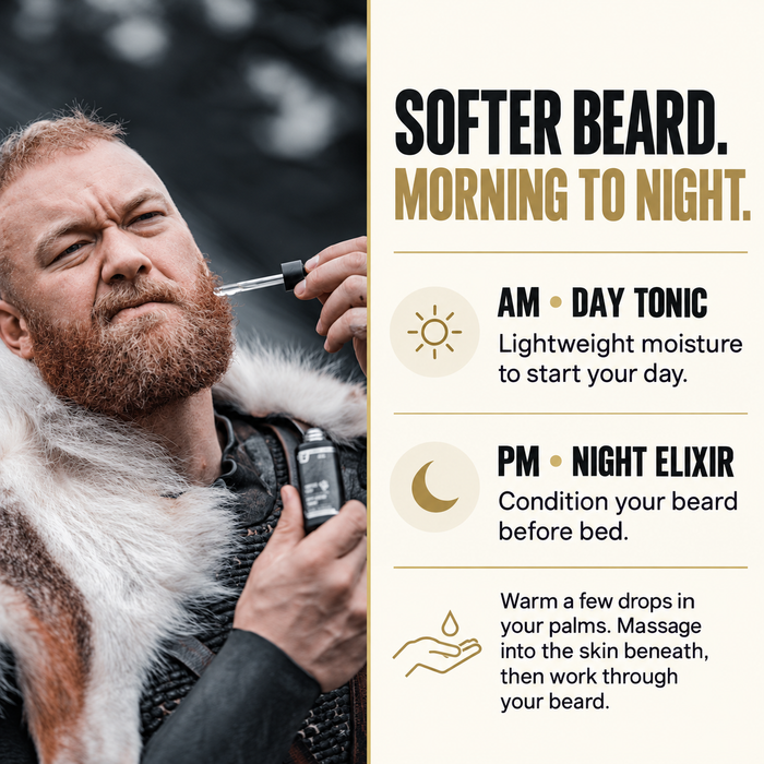 Bearded man in a fur cloak applying beard oil with a dropper, headline Softer Beard Morning to Night, AM Day Tonic for lightweight moisture, PM Night Elixir to condition before bed
