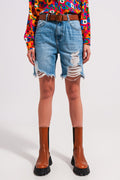 Denim shorts with distressing in light blue - Denim