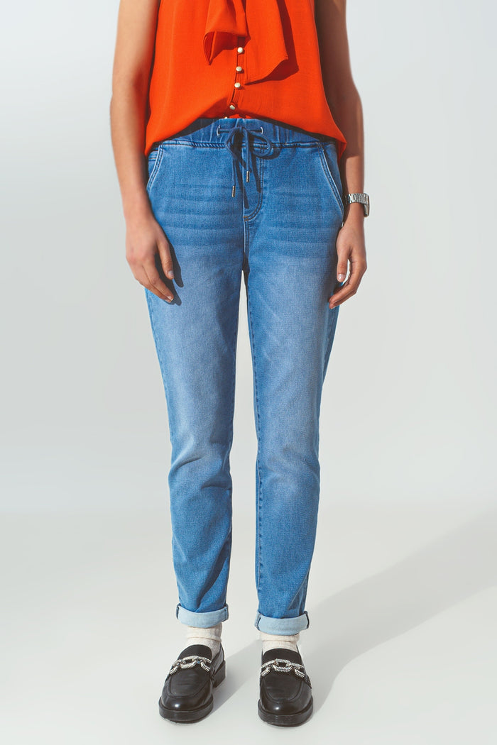 Drawstring Waist Jogger Jeans - Denim