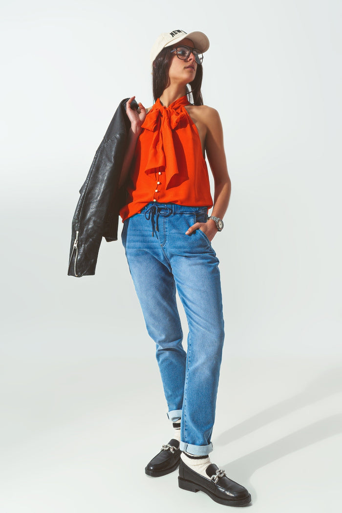 Drawstring Waist Jogger Jeans - Denim
