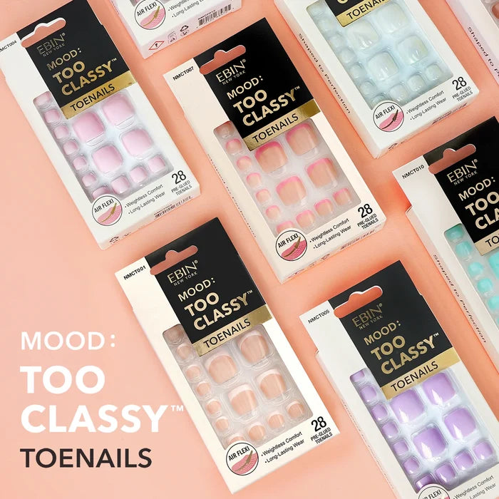 Ebin New York Mood Too Classy pre-glued press-on toenails collection featuring multiple colours including Baby Pink, Mauve, Red and Black with Air Flexi technology.
