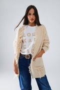 Ecru Boho Distressed Cardigan With Front Pockets