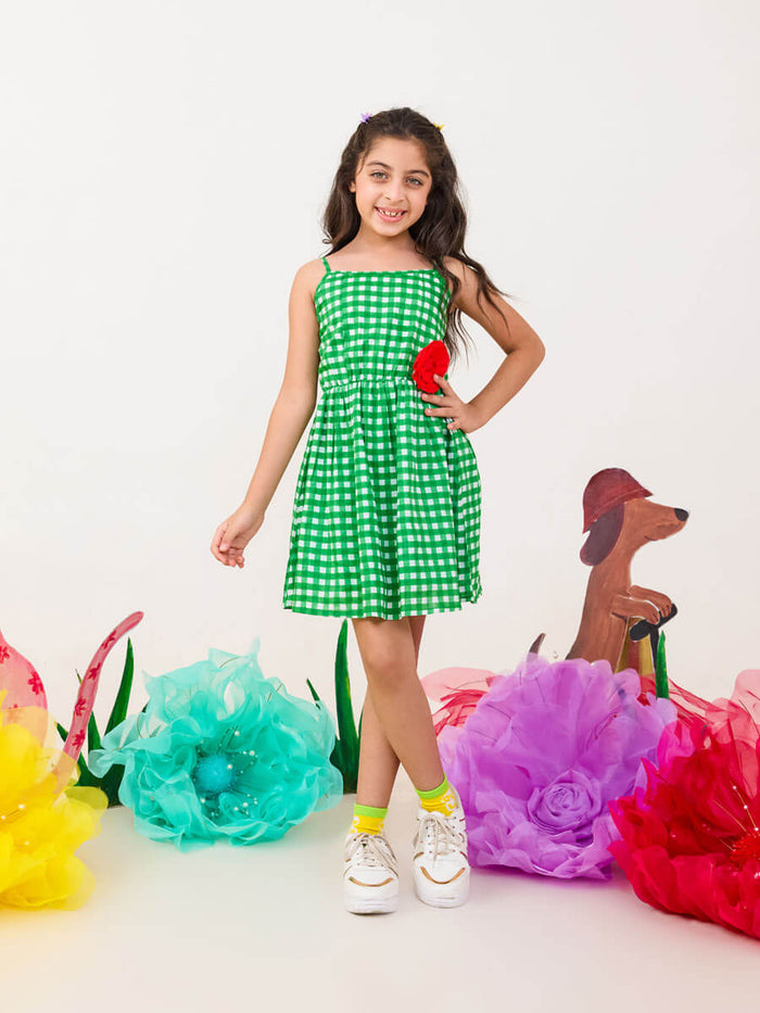 Girls green checkered dress organic cotton sleeveless summer dress - Pinklay