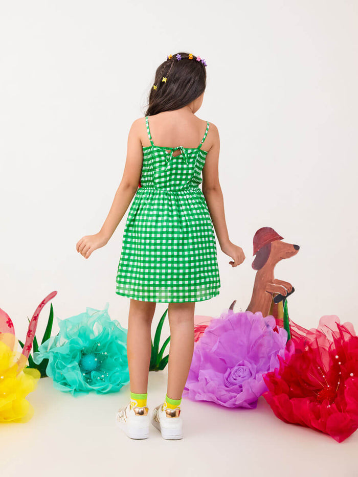 Girls green checkered dress organic cotton sleeveless summer dress - Pinklay