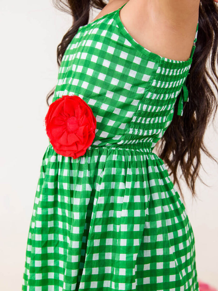 Girls green checkered dress organic cotton sleeveless summer dress - Pinklay