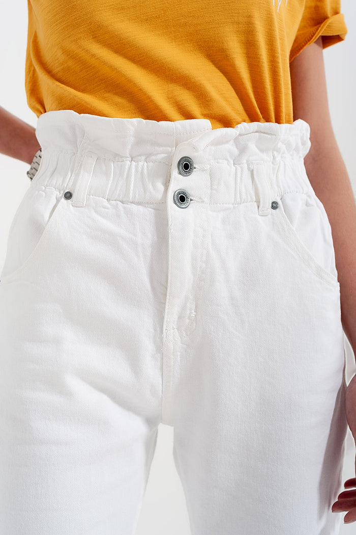 Elasticated paper bag waist mom jean in white - Coloured Jeans