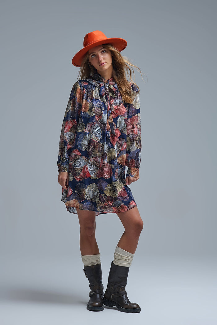 Elegant Floral A-Line Tie Neck Dress - dress