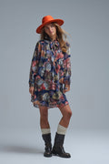 Elegant Floral A-Line Tie Neck Dress - dress