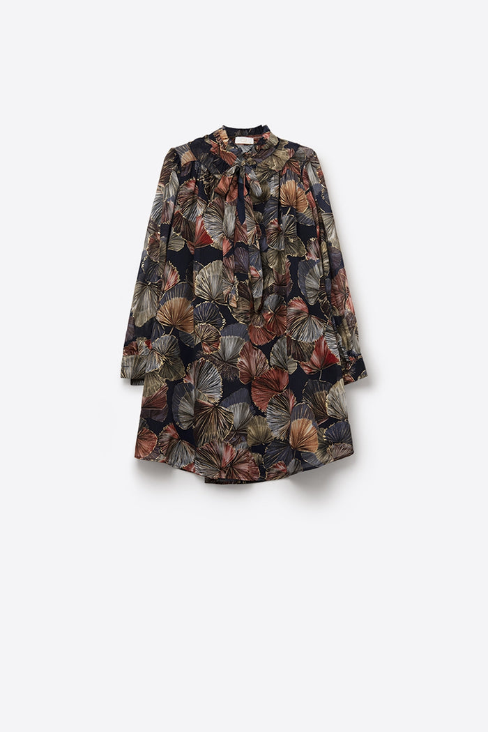 Elegant Floral A-Line Tie Neck Dress - dress