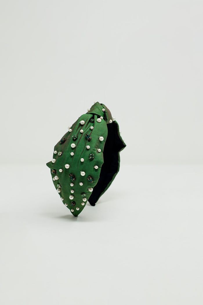 Embellished Headband With White And Green Jewells With Knot in The Middle