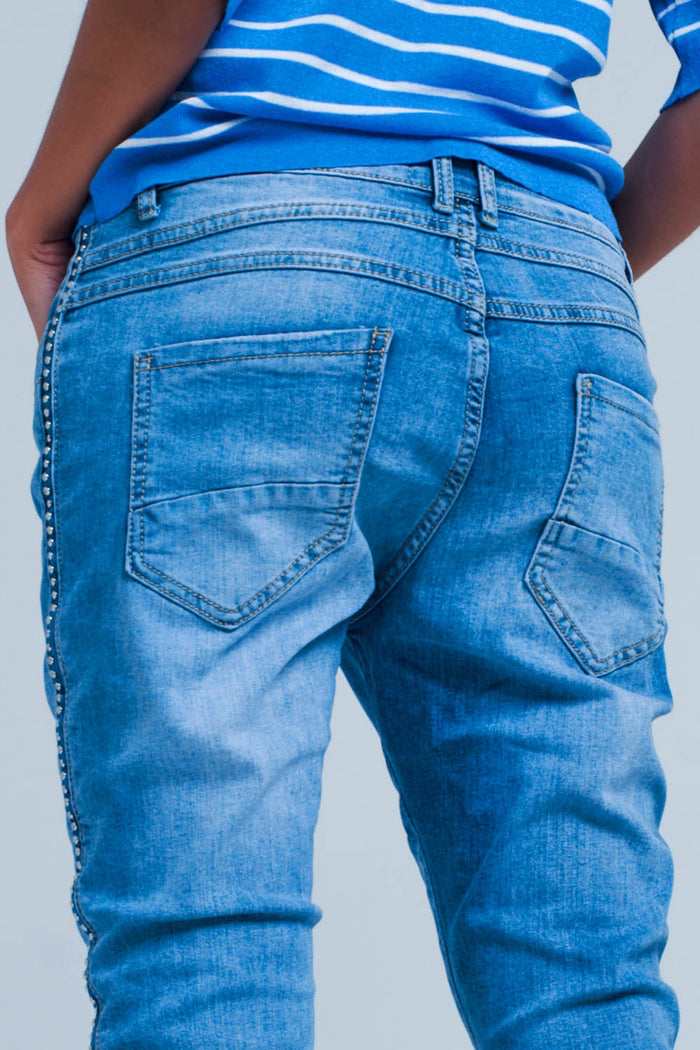 Embellished Side Boyfriend Jeans - Denim