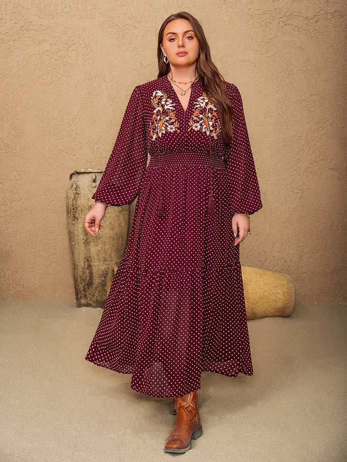Embroidered Polka Dot Plus Size Dress - Dresses