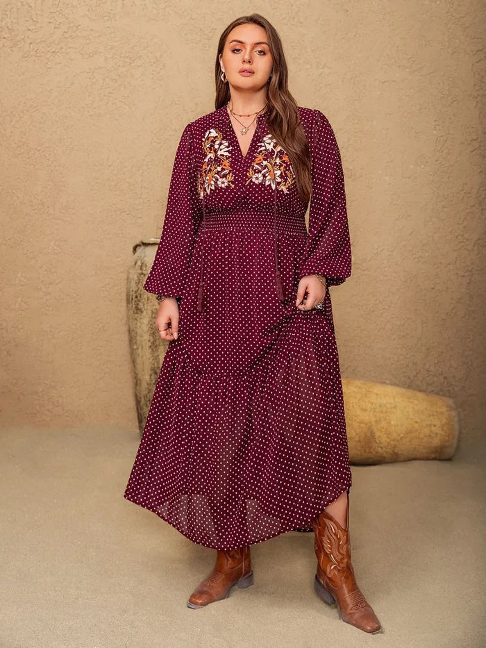 Embroidered Polka Dot Plus Size Dress - Dresses
