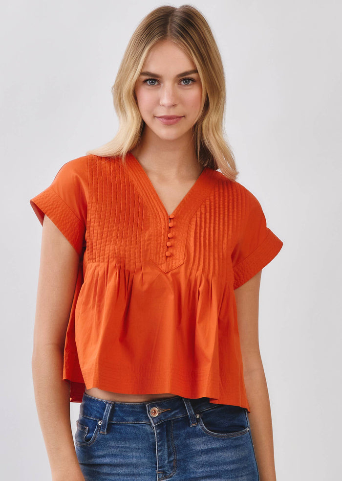 Everyday Win Pintuck Pleated Detail Poplin Top - Orange