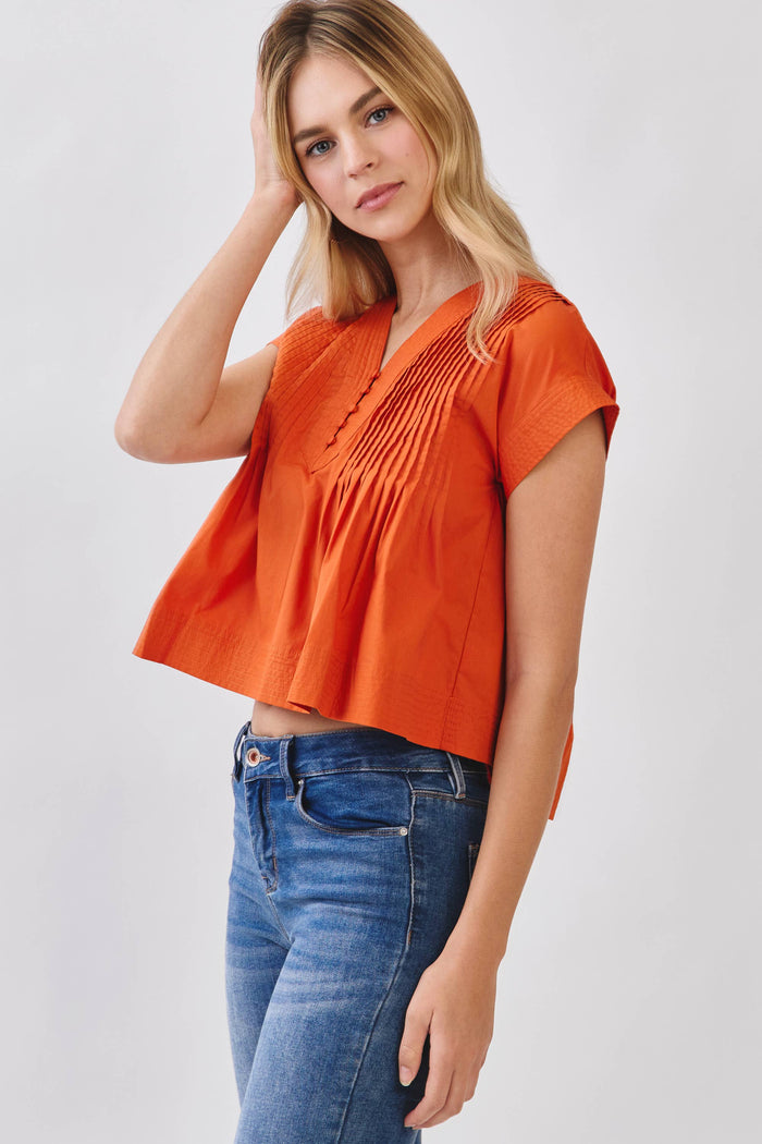 Everyday Win Pintuck Pleated Detail Poplin Top - Orange