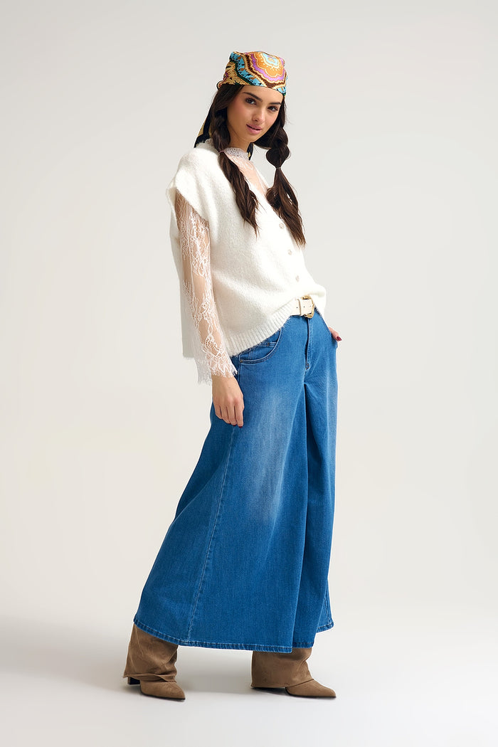 Extra Wide Leg Denim Skort with Front Pleat - Denim