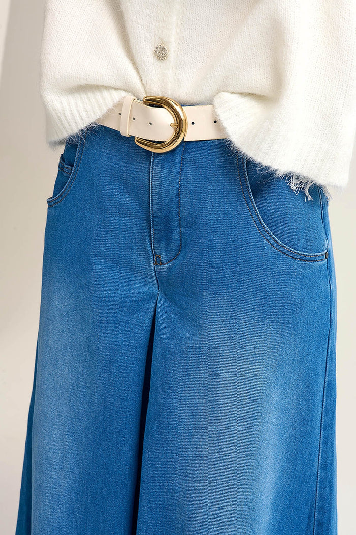 Extra Wide Leg Denim Skort with Front Pleat - Denim
