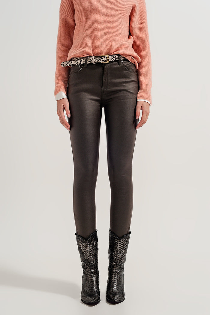 Faux leather high waisted split zip hem pants in khaki - trousers