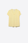 Fine and soft knit sweater with V-neck and lace trim in yellow