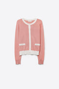 Fine Knit Contrast Trim Cardigan old pink color