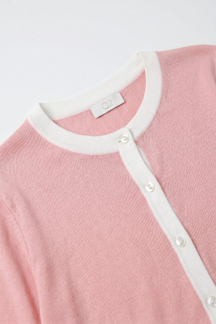 Fine Knit Contrast Trim Cardigan old pink color