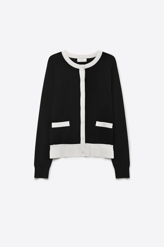 Fine Knit Contrast Trim Regular Fit Cardigan in black color