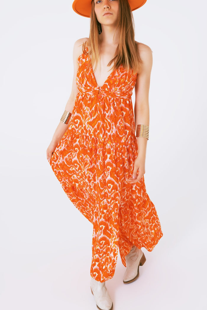 Floral Print Maxi Dress with V neck in orange - dress
