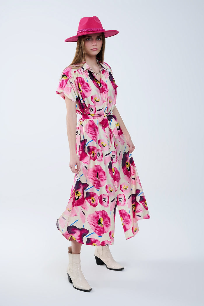 Floral printed buttoned shirt dress in fuchsia - dress