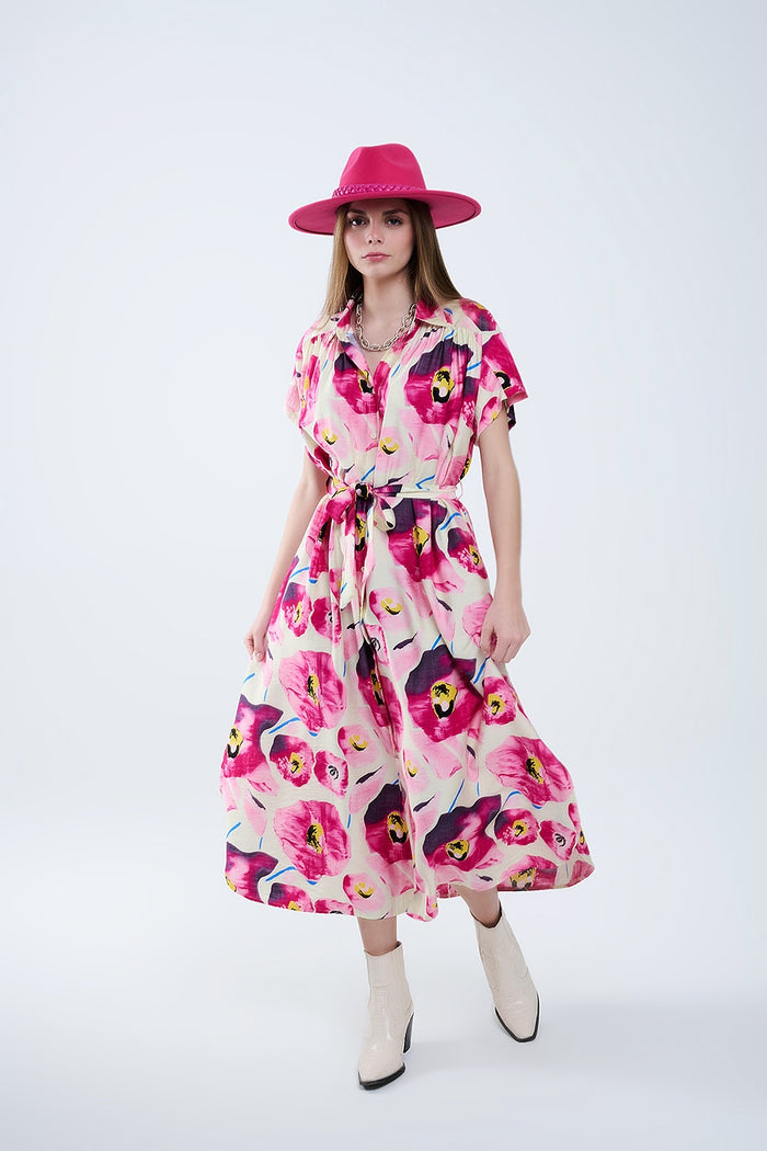 Floral printed buttoned shirt dress in fuchsia - dress