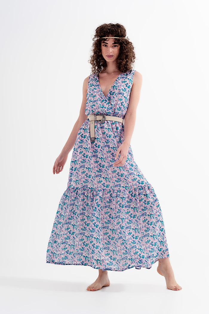 Floral sleeveless maxi dress in green - dress