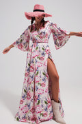 Flutter sleeve maxi dress in pink floral print - dress