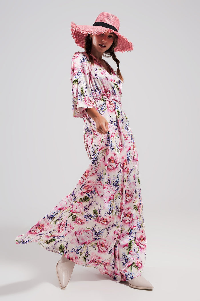 Flutter sleeve maxi dress in pink floral print - dress