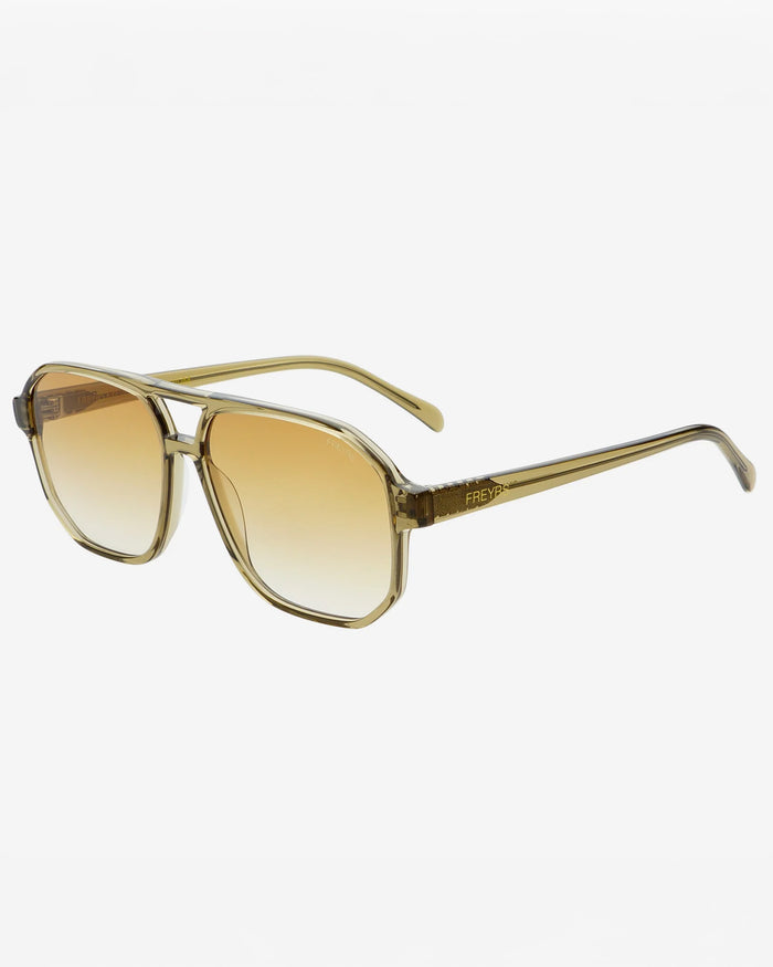 Side view of the Freyrs Billie Sunglasses in Olive showing the thing frame