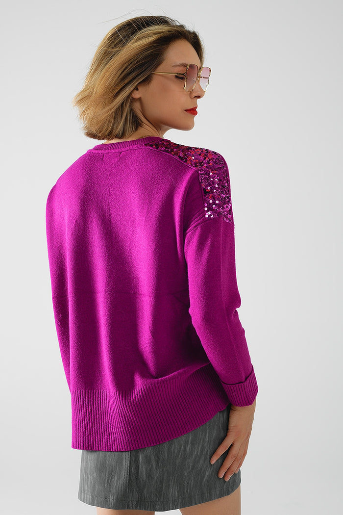 fuchsia Long Sleeves Sweater With Sequins on The Shoulders