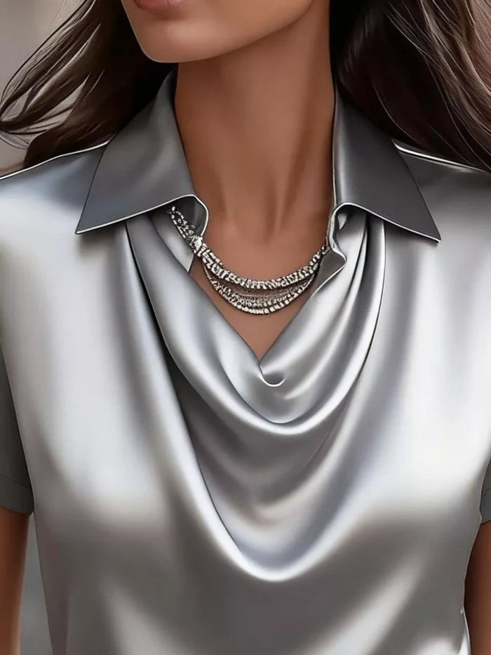 Full Size Cowl Neck Short Sleeve Satin Blouse Plus Size - Blouses