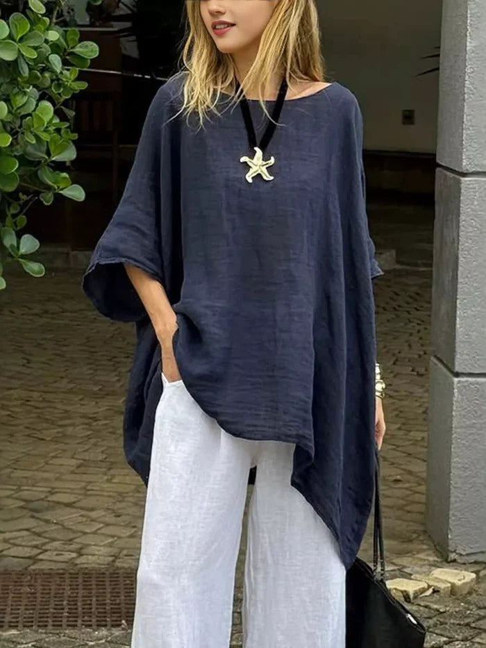Full Size Loose Fit Asymmetrical Hem Top Plus Size Navy Blue - Tops