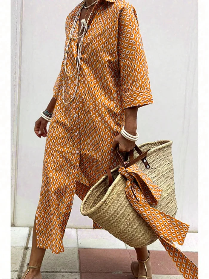 Full Size Printed Button-Down Midi Dress Plus Size Orange - Dresses
