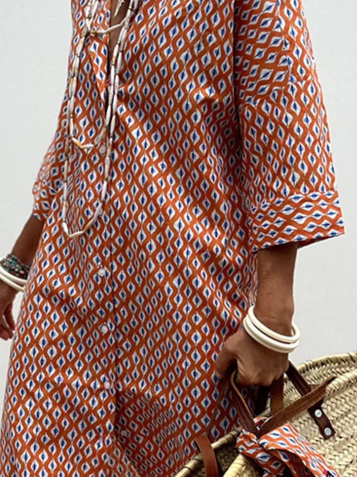 Full Size Printed Button-Down Midi Dress Plus Size - Dresses