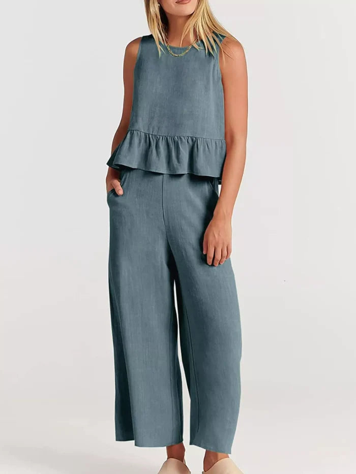 Full Size Ruffled Hem Sleeveless Top and Wide-Leg Pants Set Plus Size Gray Blue - Sets
